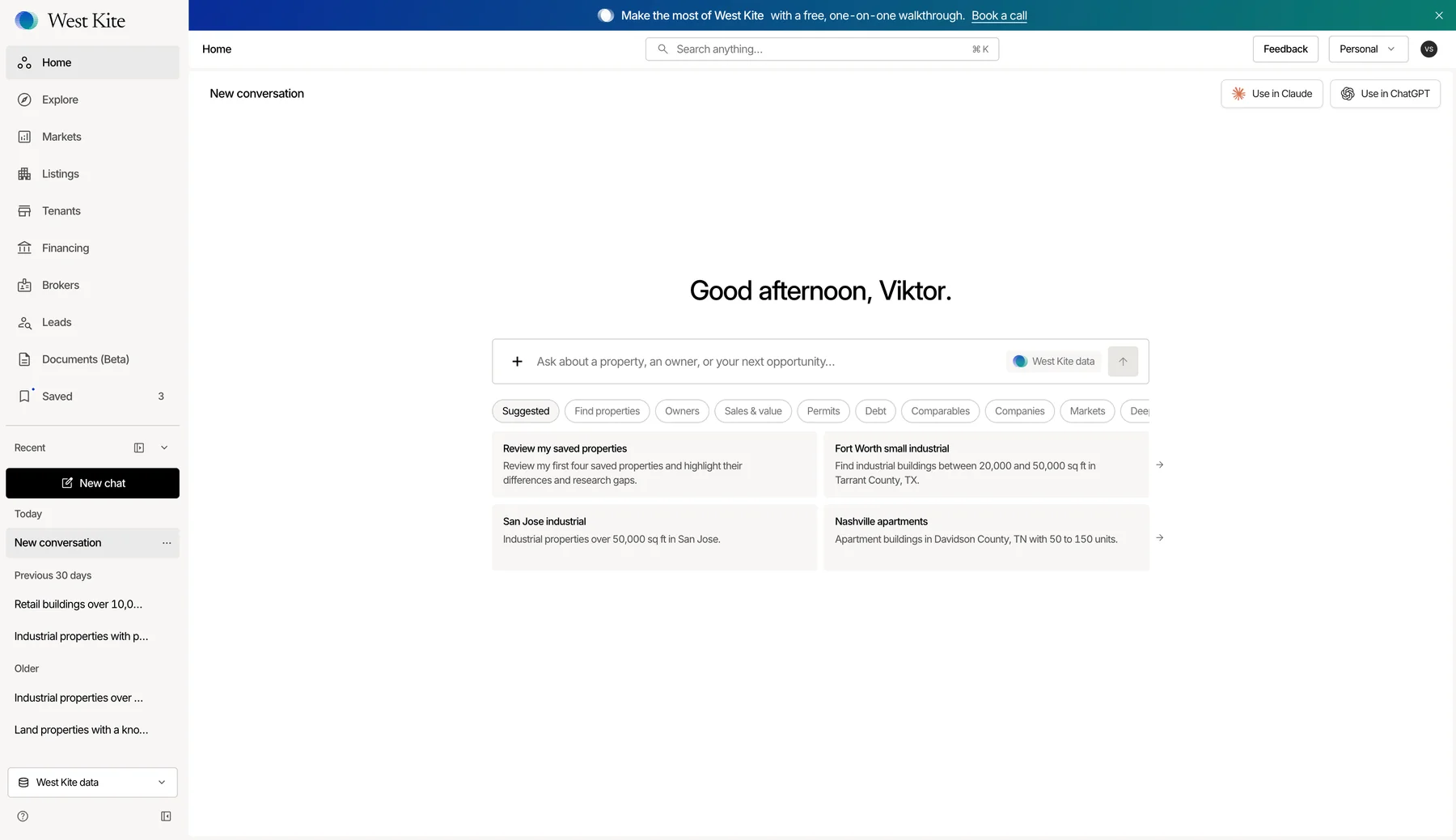 West Kite's agent workspace with property and ownership research, suggested prompts, and saved conversations.