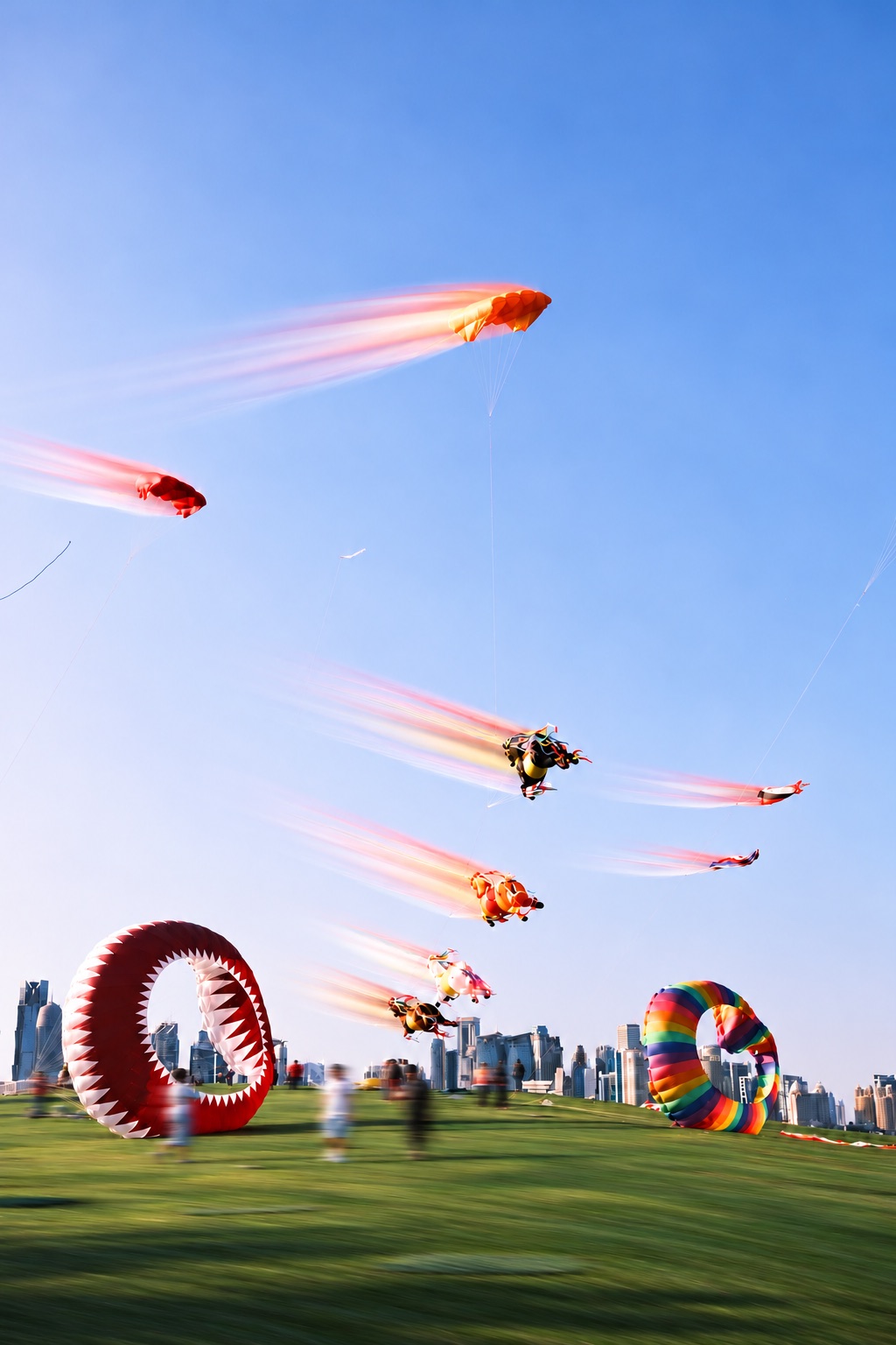 Kites streak across the sky above people moving through a grassy field.